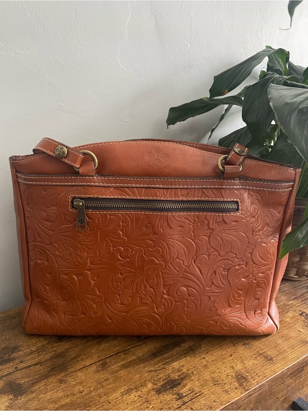 Patricia Nash Embossed Leather Shoulder Bag in Cognac